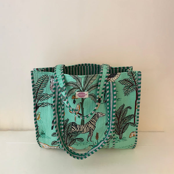 Aqua Jungle Cotton Quilted Large Tote