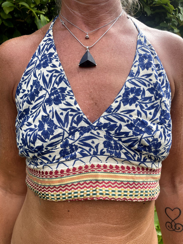 Blue flower Cotton Print Halter Bralette