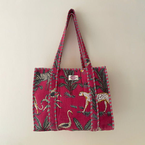 Fuschia Jungle Cotton Quilted Medium Zip Tote