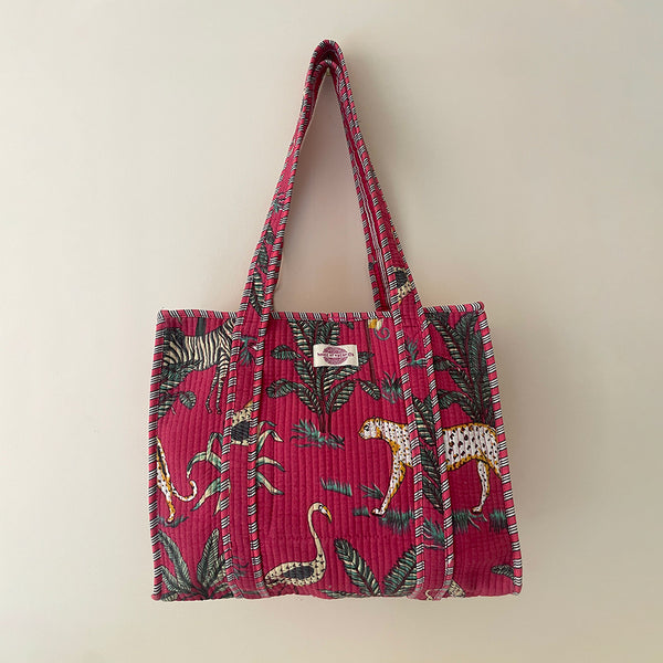 Fuschia Jungle Cotton Quilted Medium Zip Tote