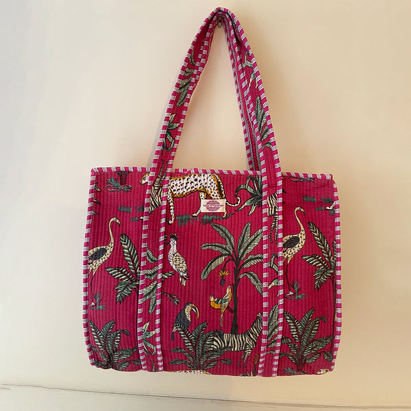 Fuchsia Jungle Cotton Quilted Large Zip Tote