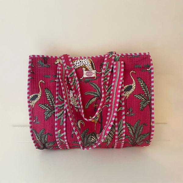 Fuchsia Jungle Cotton Quilted Large Zip Tote
