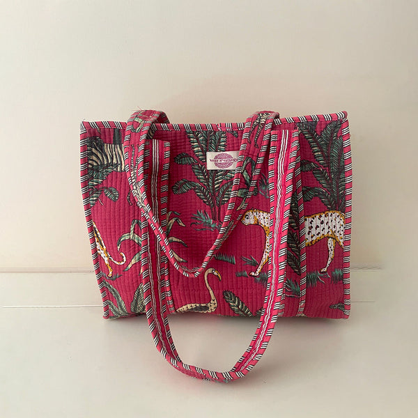 Fuschia Jungle Cotton Quilted Medium Zip Tote