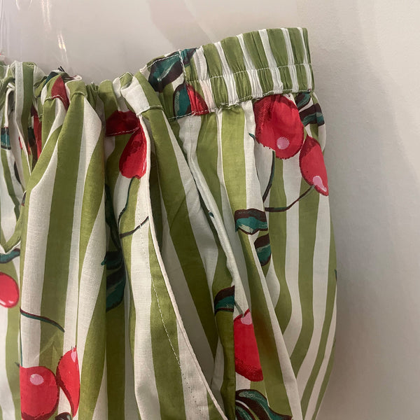 Cherries On Olive Stripe Shortie Pyjama Set – Size Extra Large