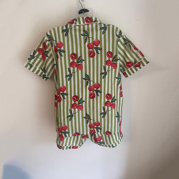 Cherries On Olive Stripe Shortie Pyjama Set – Size Extra Large