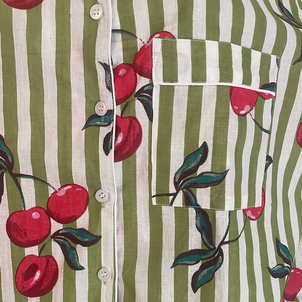 Cherries On Olive Stripe Shortie Pyjama Set – Size Extra Large