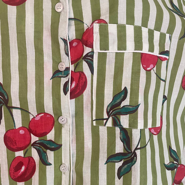 Cherries On Olive Stripe Shortie Pyjama Set – Size Large