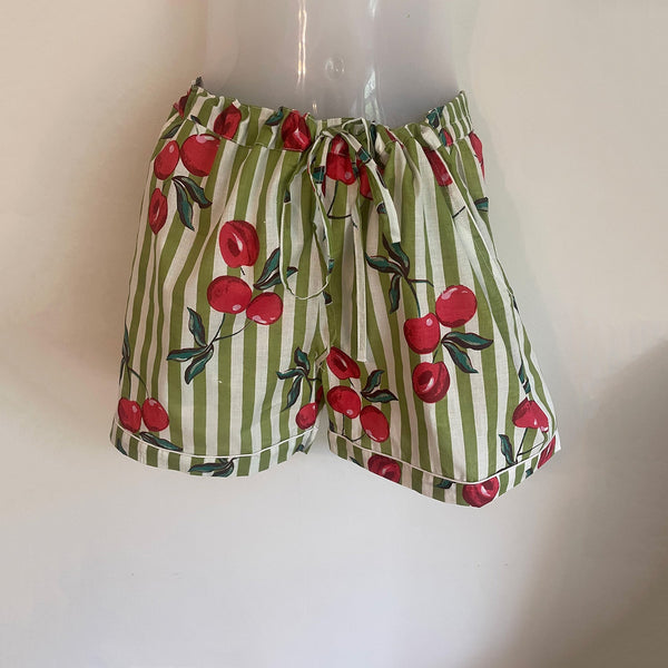 Cherries On Olive Stripe Shortie Pyjama Set – Size Extra Large