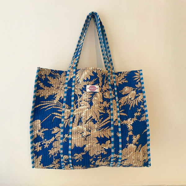 Cornflower Leaves Cotton Quilted Large Tote
