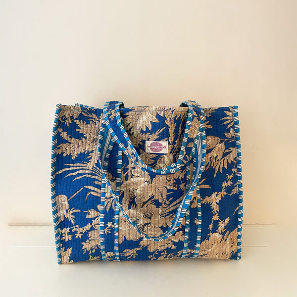 Cornflower Leaves Cotton Quilted Large Tote