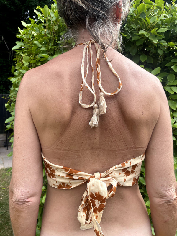 Ecru/brown tie dye Cotton Print Halter Bralette