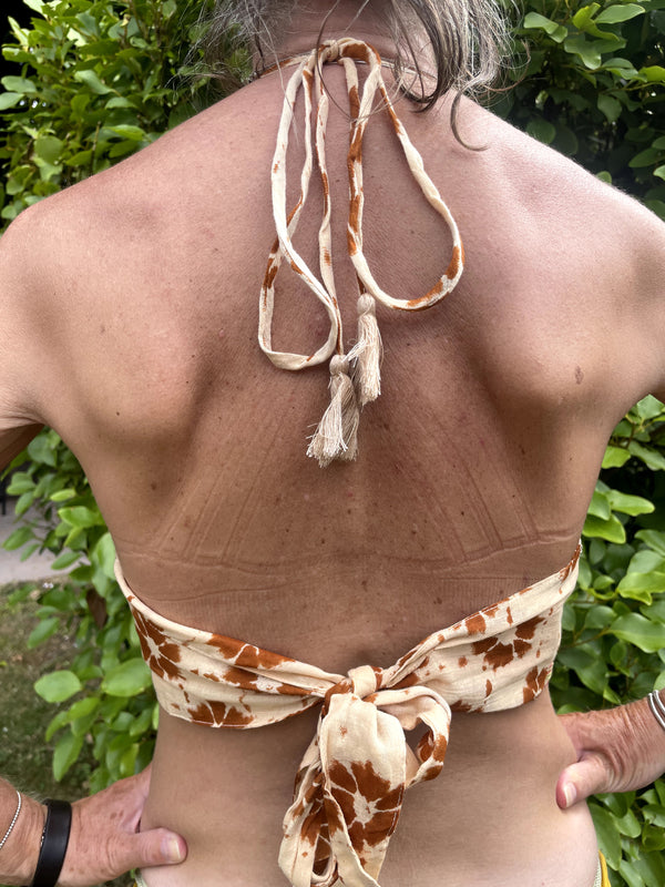 Ecru/brown tie dye Cotton Print Halter Bralette