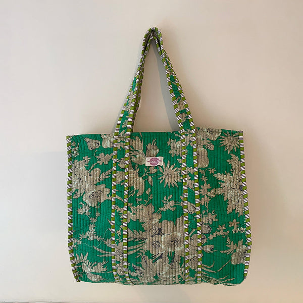 Emerald Leaves Cotton Quilted Large Tote