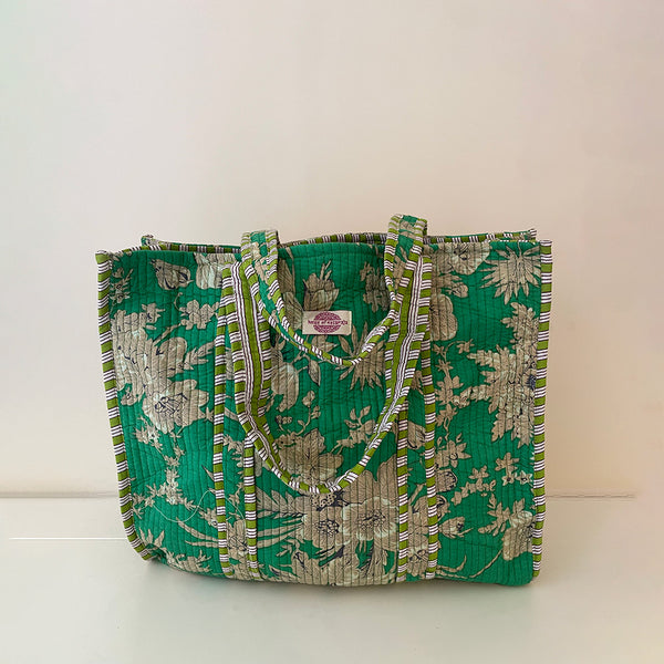 Emerald Leaves Cotton Quilted Large Tote