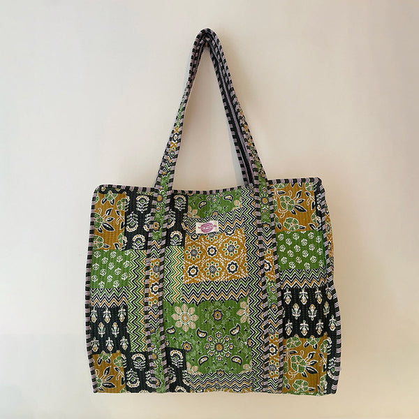 Green Patchwork Cotton Quilted Large Zip Tote