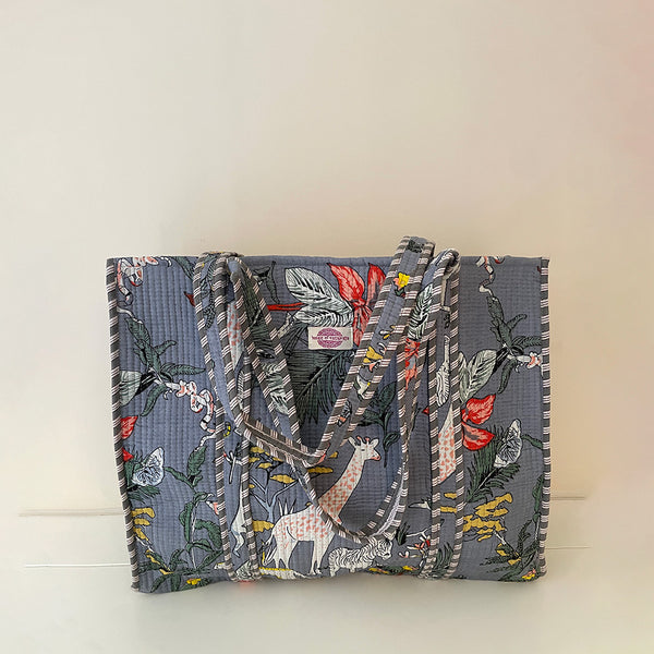 Grey Into The Wild Cotton Quilted Large Tote