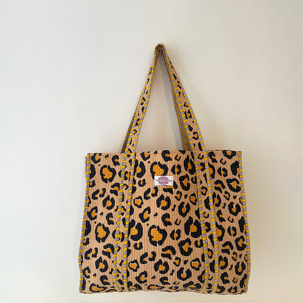 Leopard Print Cotton Quilted Large Tote