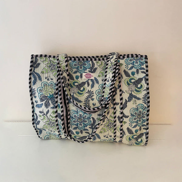 Grey/Blue Flowers Cotton Quilted Large Zip Tote