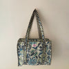 Cream/Aqua Flower Cotton Quilted Medium Zip Tote