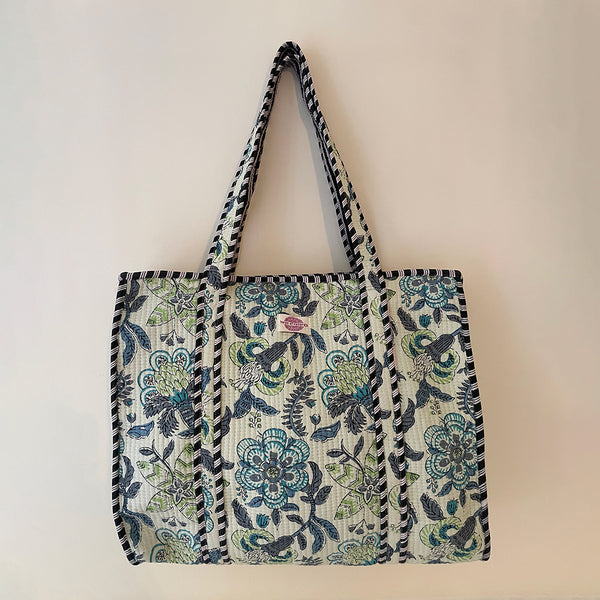 Grey/Blue Flowers Cotton Quilted Large Zip Tote