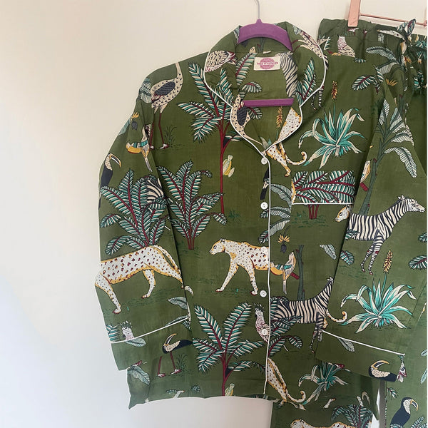 Olive Jungle Cotton Pyjama Set – Size Small