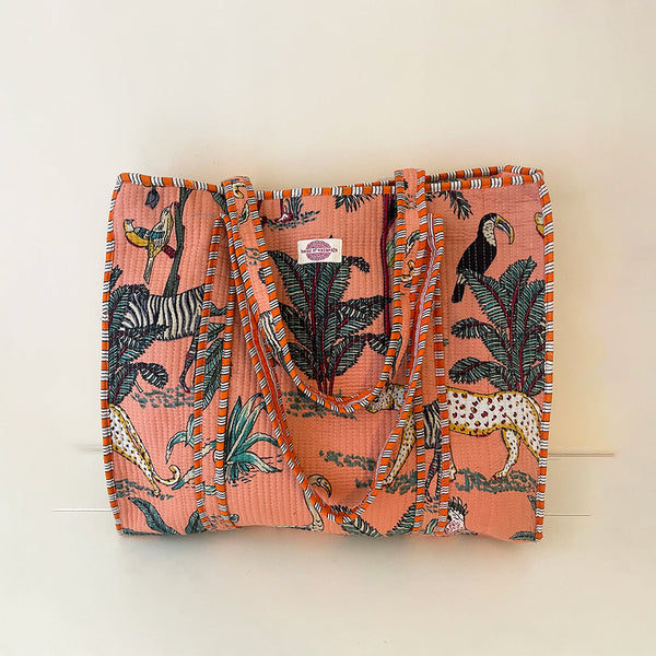 Pale Pink Jungle Cotton Quilted Large Zip Tote