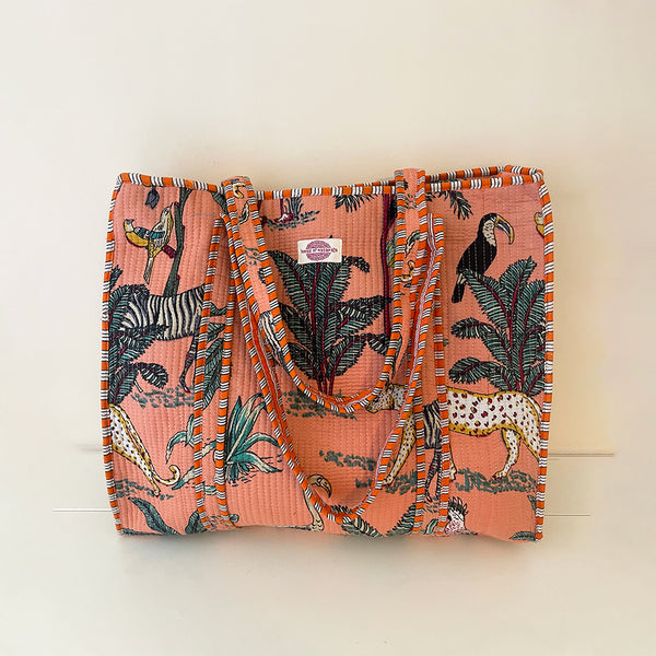 Pale Pink Jungle Cotton Quilted Large Zip Tote
