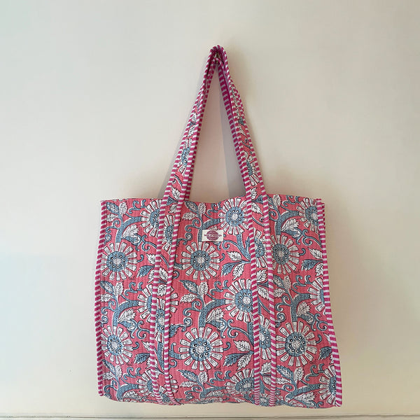 Pink Daisy Cotton Quilted Large Tote