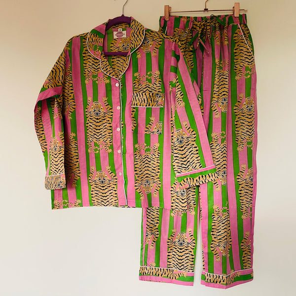 Pink/green Tiger Stripe Cotton Pyjama Set – Size Medium