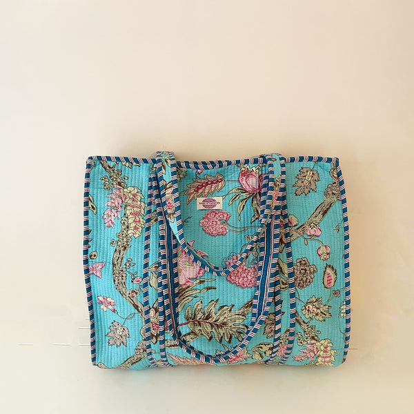 Pink Peony Cotton Quilted Large Zip Tote