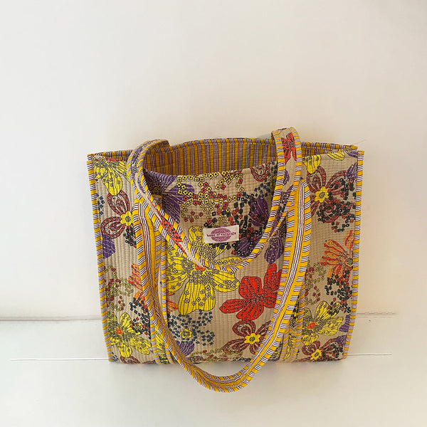 Purple Retro Flowers Cotton Quilted Large Tote