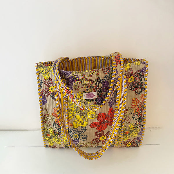 Purple Retro Flowers Cotton Quilted Large Tote