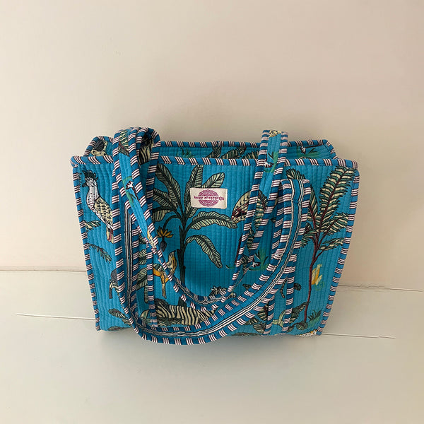 Turquoise Jungle Cotton Quilted Medium Zip Tote