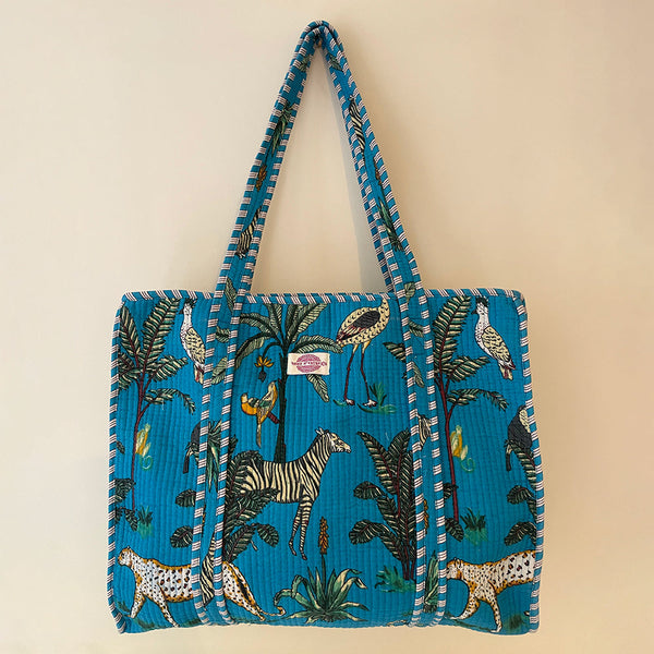 Turquoise Jungle Cotton Quilted Large Zip Tote