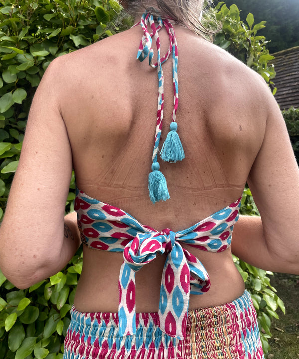 Turquoise Pink Disc Bralette Cotton Print Halter Bralette