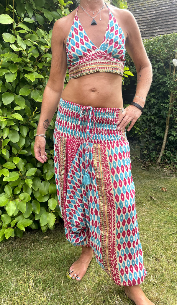 Turquoise Pink Cotton Print Harems