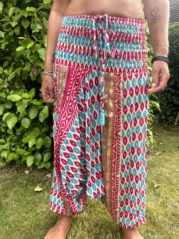 Turquoise Pink Cotton Print Harems