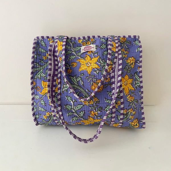 Lilac/Yellow Lily Cotton Quilted Medium Zip Tote