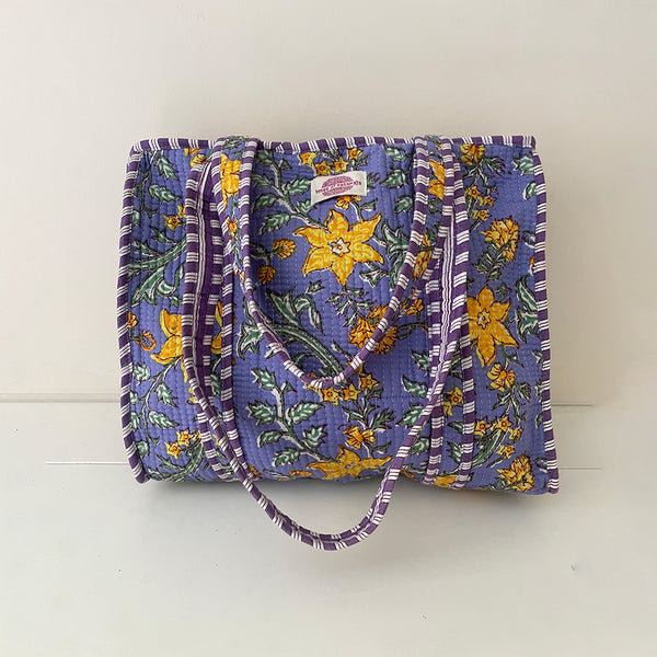 Lilac/Yellow Lily Cotton Quilted Medium Zip Tote