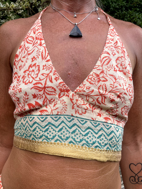 Orange flower Cotton Print Halter Bralette
