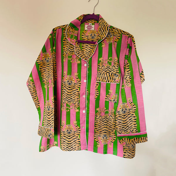 Pink/green Tiger Stripe Cotton Pyjama Set – Size Extra Large