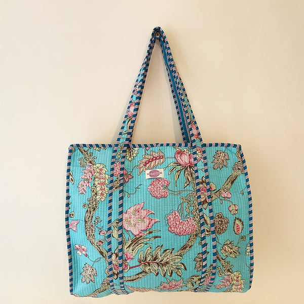 Pink Peony Cotton Quilted Large Zip Tote
