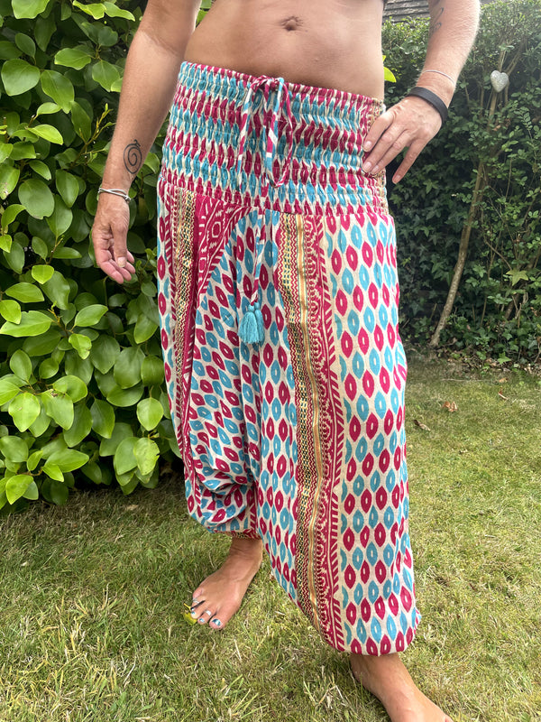 Turquoise Pink Cotton Print Harems